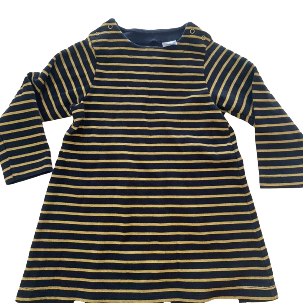 PETIT BATEAU Navy & Gold Striped Long Sleeve Dress 3T💛